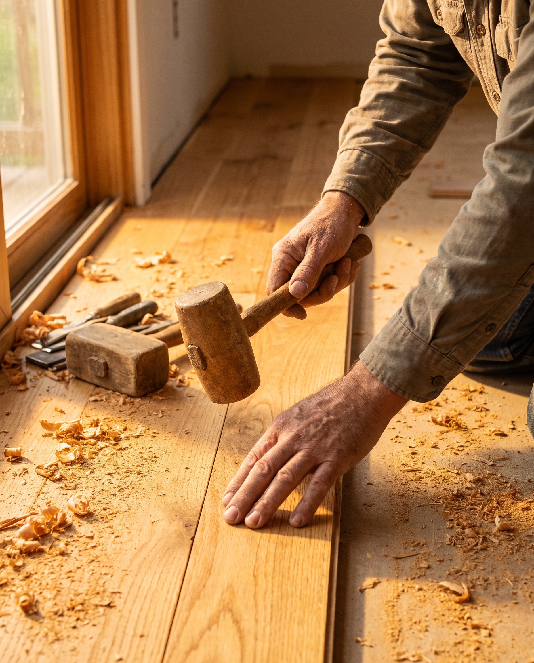 Craftsman fitting a solid oak hardwood floorboard