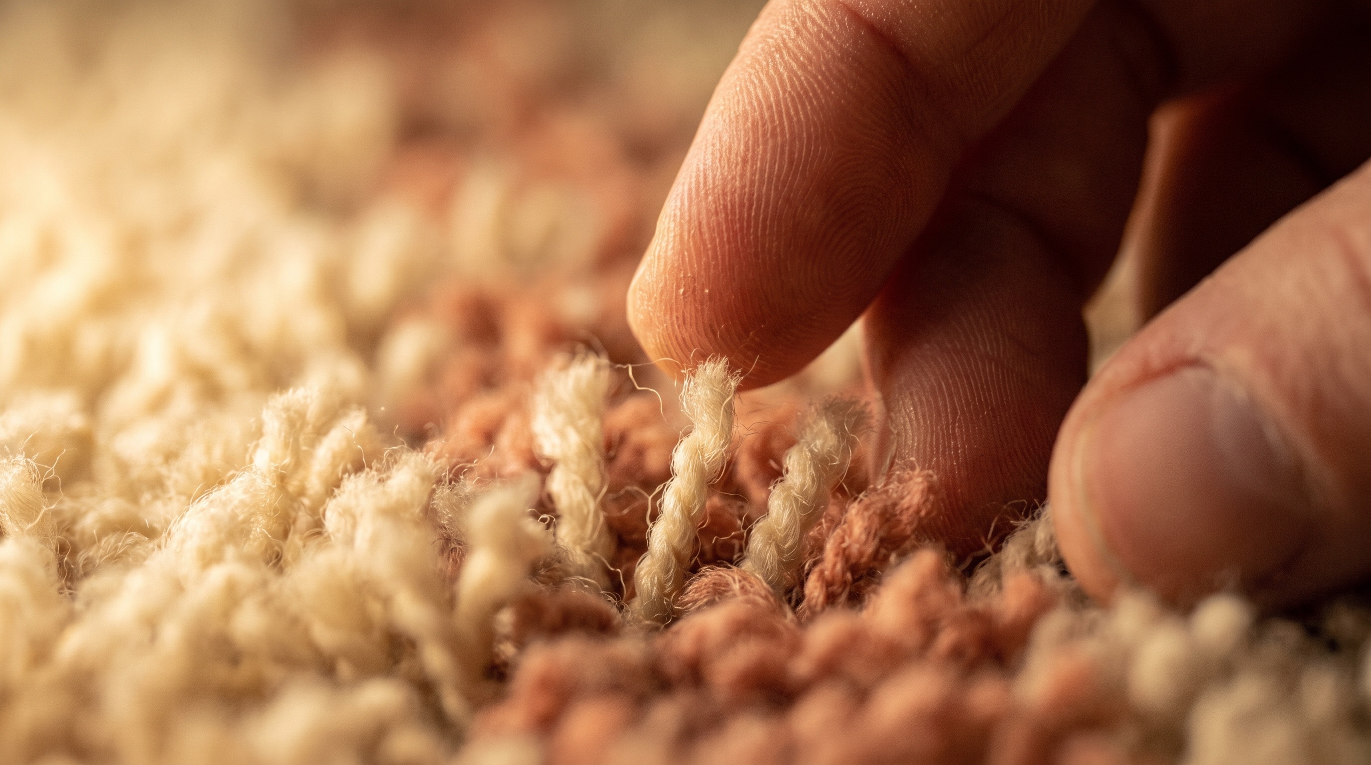 Extreme macro photograph of fingers running through thick warm-toned wool carpet pile