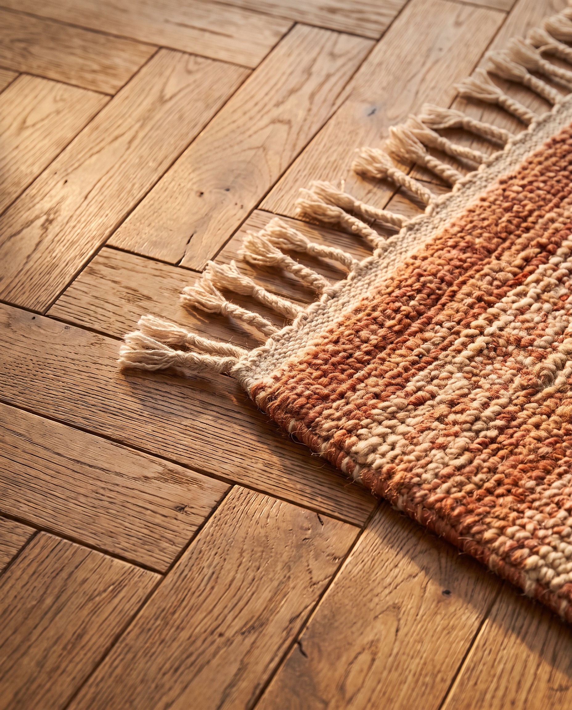 Herringbone oak flooring meeting the fringed edge of a wool rug