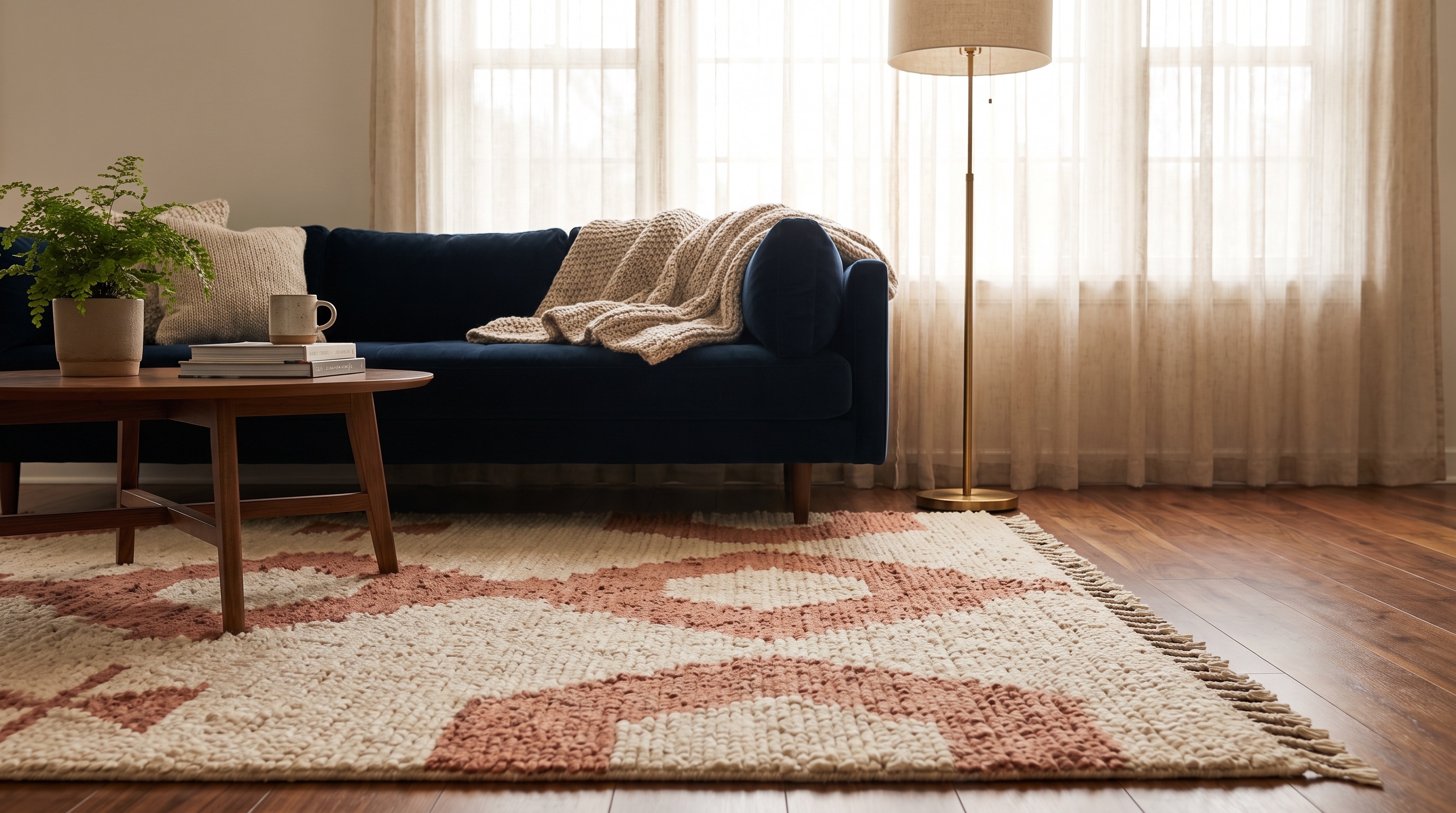 Cozy living room with woven wool area rug on walnut floor