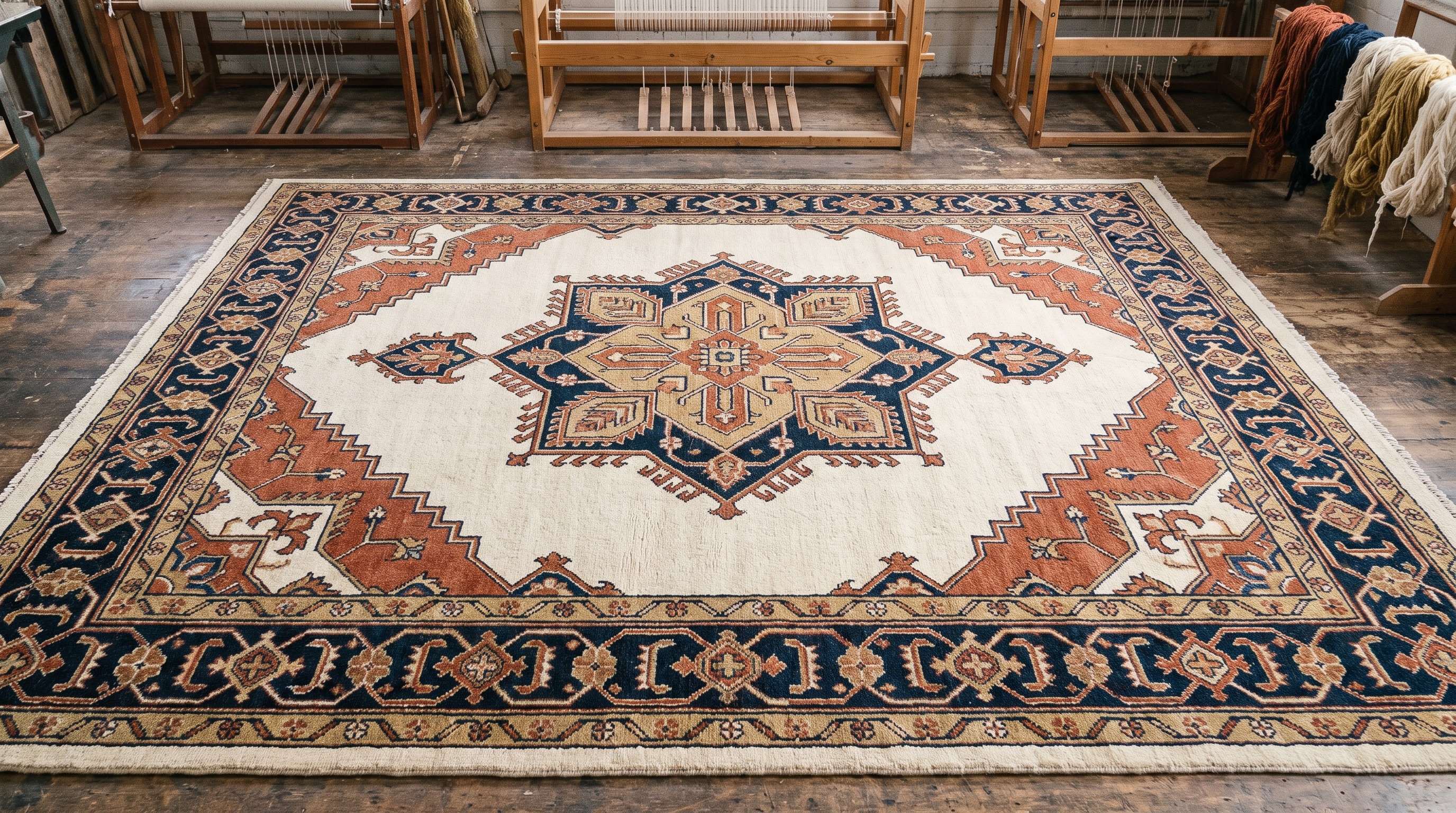 Overhead view of a large hand-knotted wool rug with geometric border pattern