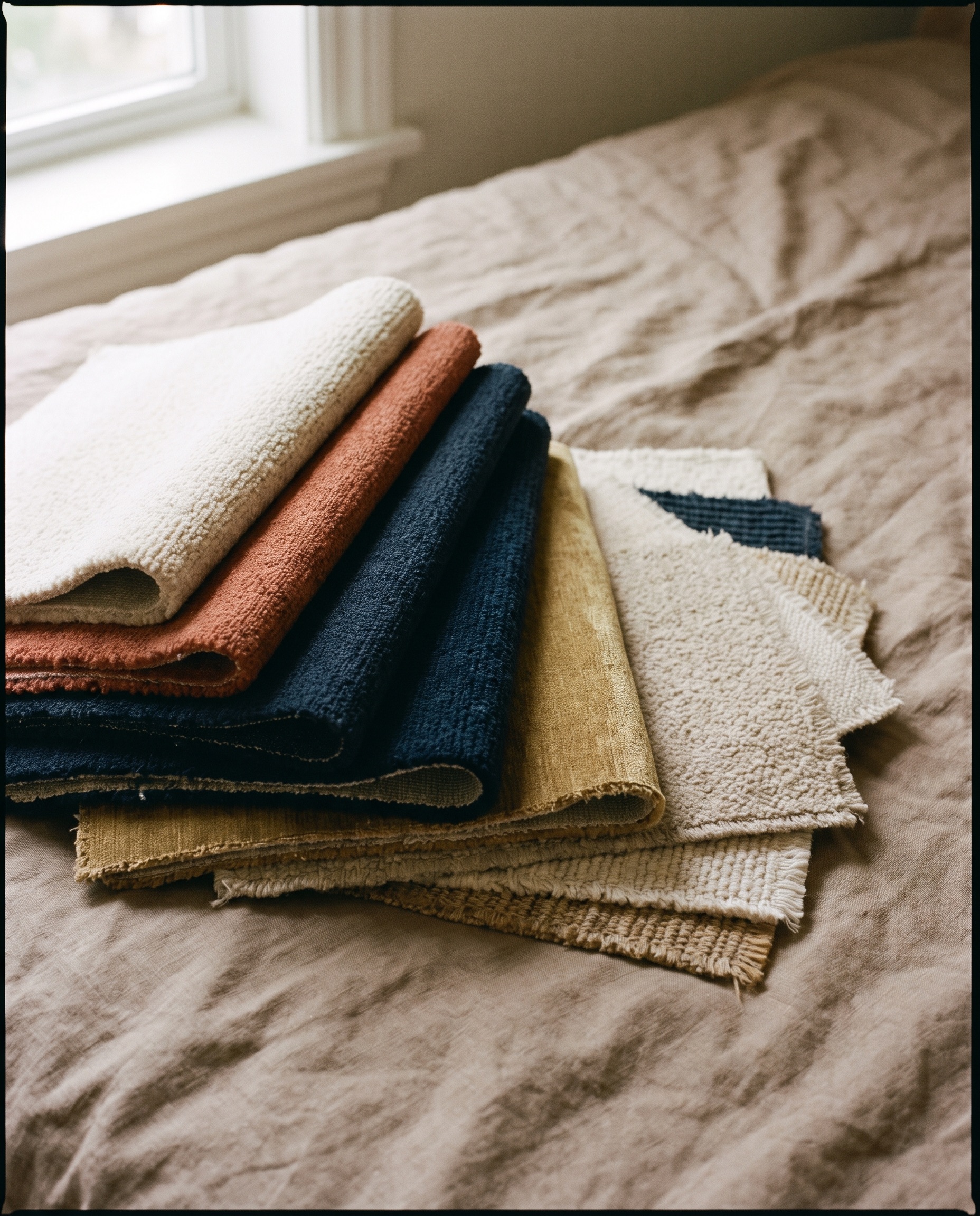 Stack of fanned carpet swatches in wool cream, terracotta, navy and gold
