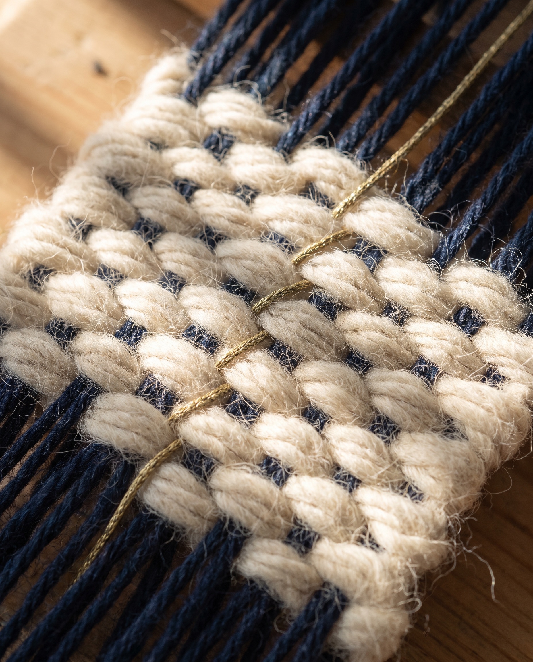 Macro photograph of hand-woven cream and navy threads with a gold accent thread running through the weave
